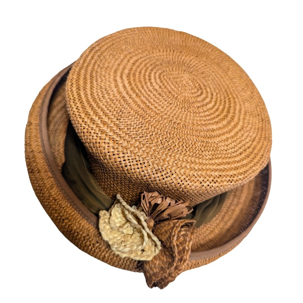 Eric Javits Woven Straw Hat with Flower Accent in Tan and Cream